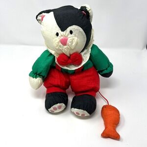 Vintage Department 56 Tuxedo Cat Plush Crinkle Fabric Red Green Outfit with Fish